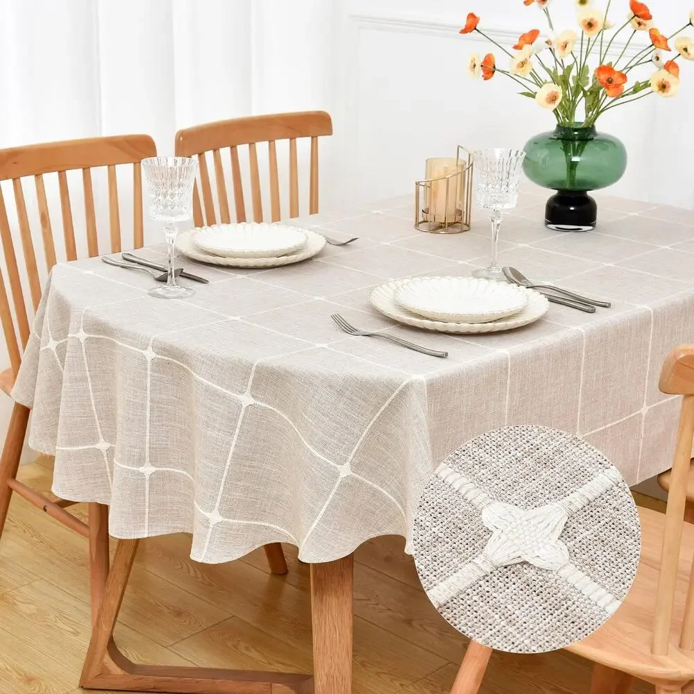 NEWSHER Tablecloth Farmhouse Embroidered Grid Design 60x84 Inch BrownNew